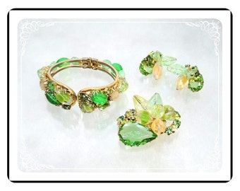 Shades of Green Parure - Vintage Bracelet, Brooch & Earrings Set - Para-1724a-121012000