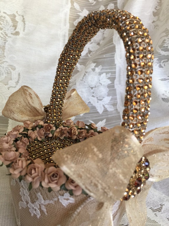 gold flower girl basket with lace and brooch rustic wedding