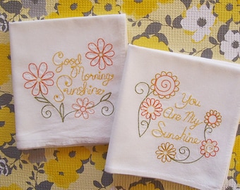 Embroidered Set of Happy Sunshine Kitchen Towels Machine Embroidered