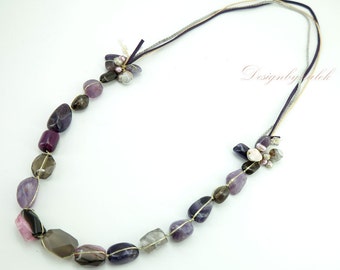 Long necklace Amethyst and freshwater pearl.