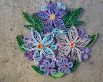 Spring flowers wall art Quilling art Paper flowers Original unique wall art Blue purple green spring decoration