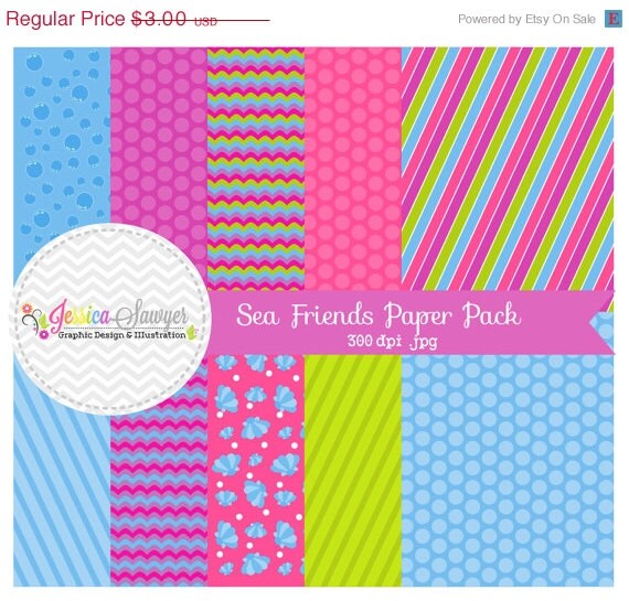 50% OFF- INSTANT DOWNLOAD, Sea friends paper - 8.5 x 11- printable - ocean - whimsical paper - commercial use - scrapbook - card making Il_570xn
