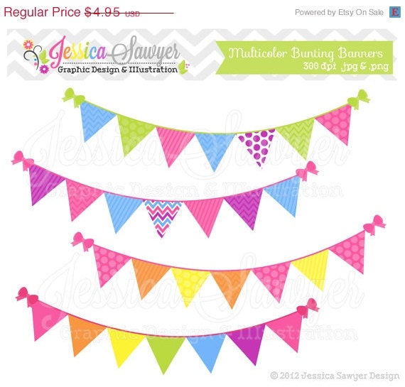 80% OFF - INSTANT DOWNLOAD, Bunting banner clipart - flag clip art - whimsical - patterned- commercial use - card making - digital element Il_570xn