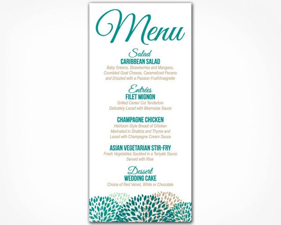 Floral Wedding Menu Card - PRINTABLE Wedding Menu - Rehearsal Dinner Bridal Shower - Garden Party - Custom Colors Fonts - Floral Collection Il_570xn