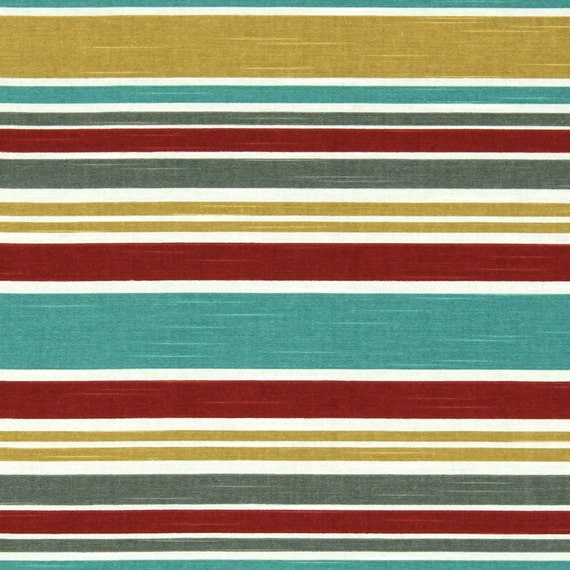 Red Teal Upholstery Fabric Red Teal Grey Striped Cotton