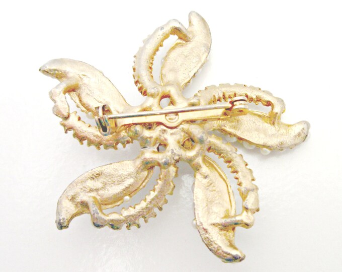 Flower Brooch with Gold tone metal pearls and rhinestone mid century Atomic pin