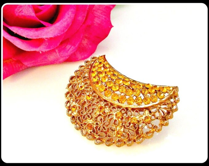 Gold and Amber Rhinestone Crescent brooch