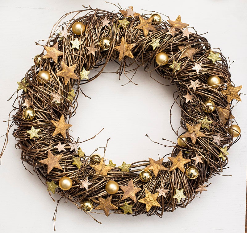 Gold wreath Christmas seasonal door wreaths decor outdoor decorations stars Xmas wooden star winter ornament december gifts