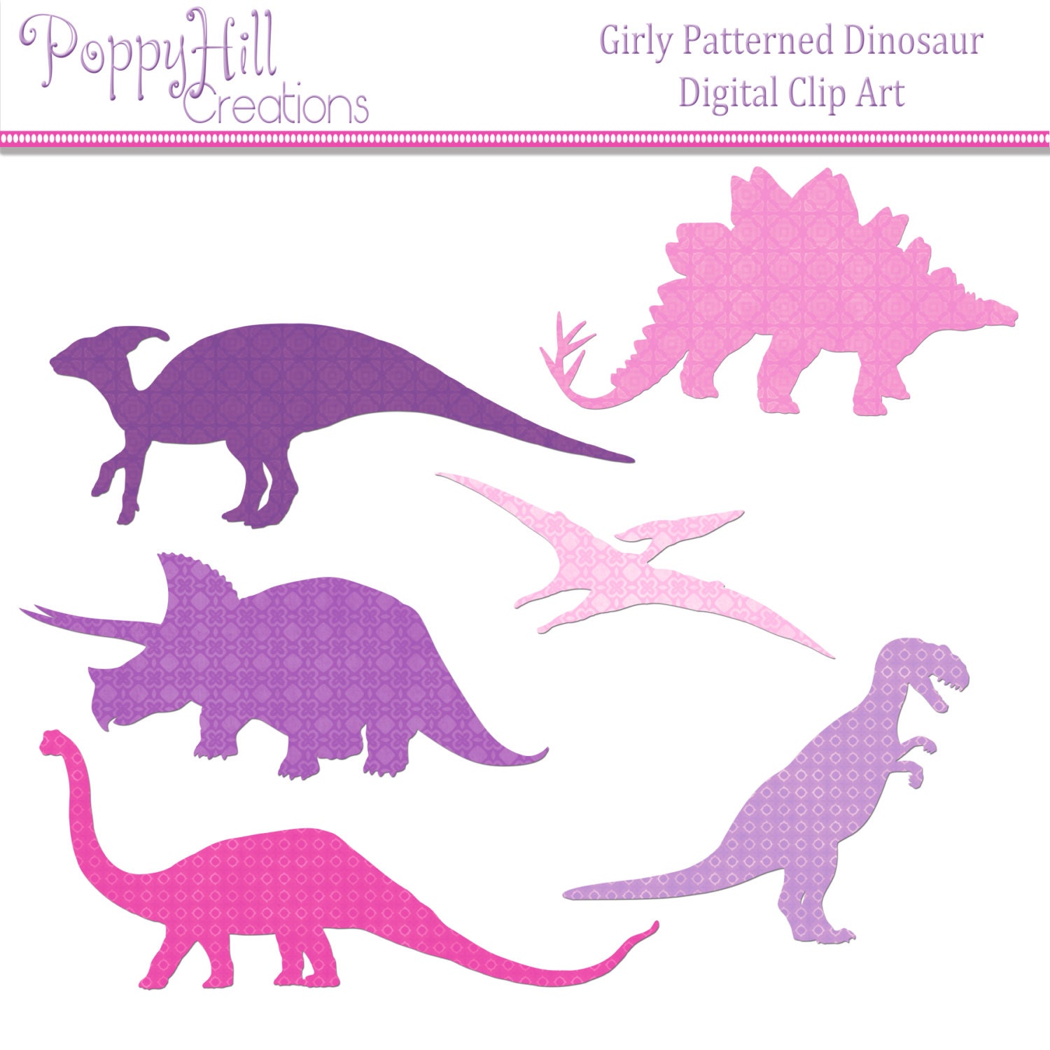 Download INSTANT DOWNLOAD Patterned Girly Dinosaur Printable Digital