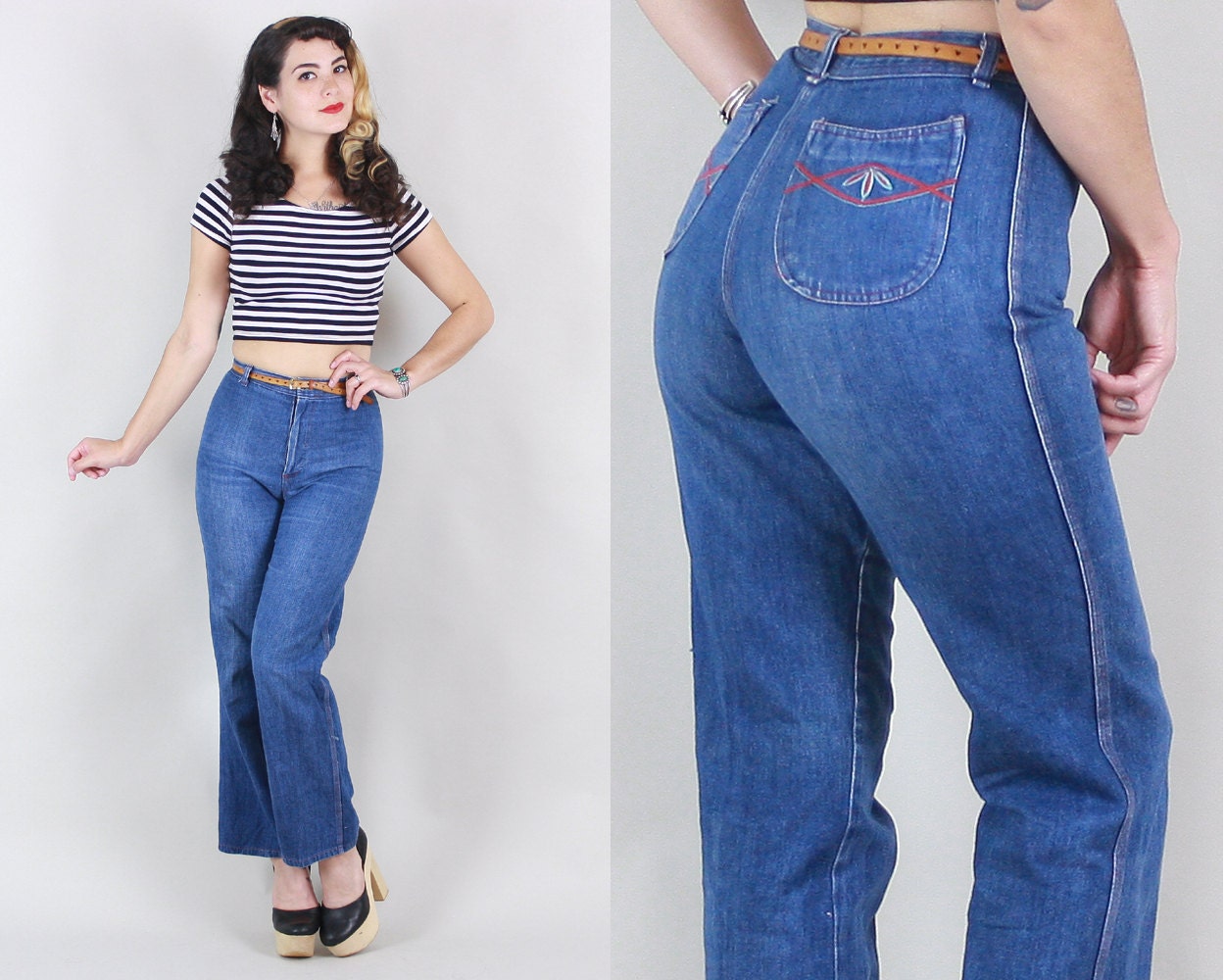 1970s EMBROIDERED Jeans Vintage 70s HIGH WAISTED Denim Jeans