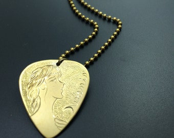 Guitar pick necklace Myth necklace Artisan jewelry Engraved guitar pick pendant