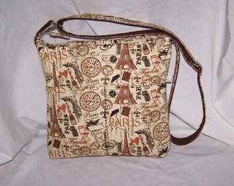Paris fabric purse with zipepr, long adjustable strap, inside pockets ...
