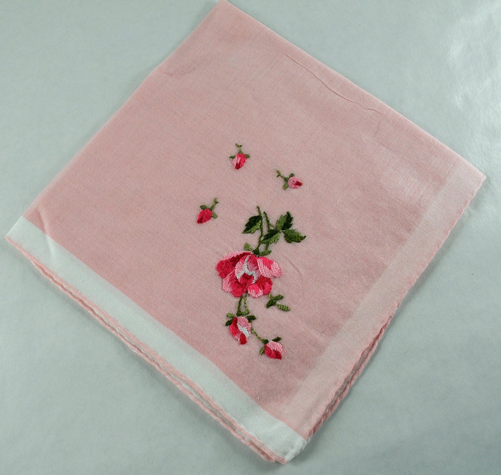 Vintage Handkerchief Pink With Embroidered Dark Pink Flower