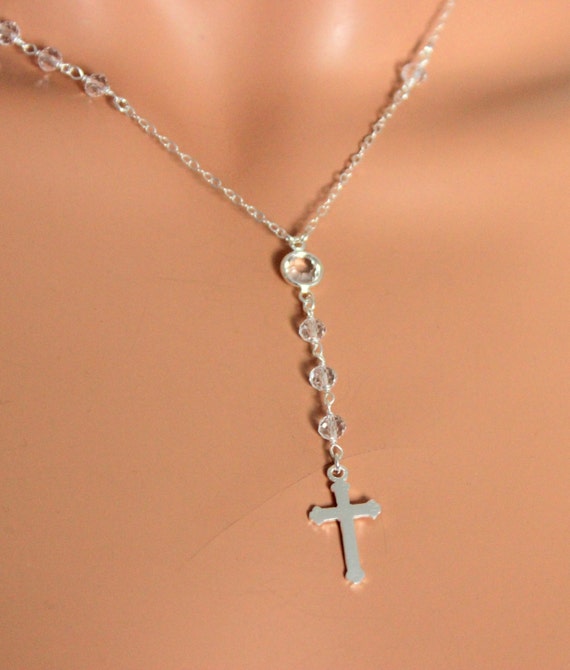 Sterling Silver Rosary Necklace Swarvovsi Crystal Cross 4609