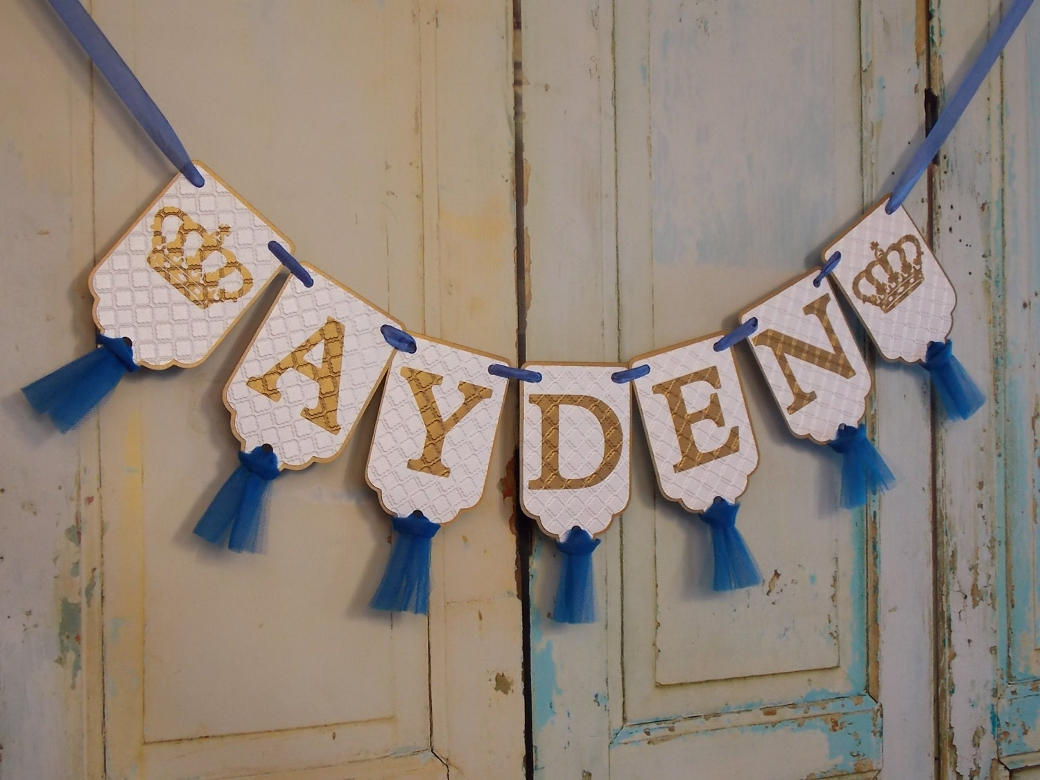 Custom Name Banner with Crowns Embossed White by PaperEtcStudio