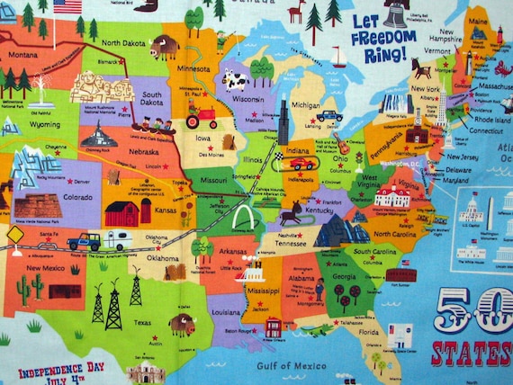 Map United States Tourist Attractions United States Map panel - 50 states landmarks, tourist sites, patriotic phrases - Timeless. 