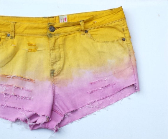 Denim Shorts Ripped Pastel Yellow & Pink Jean Shorts by AbiDashery