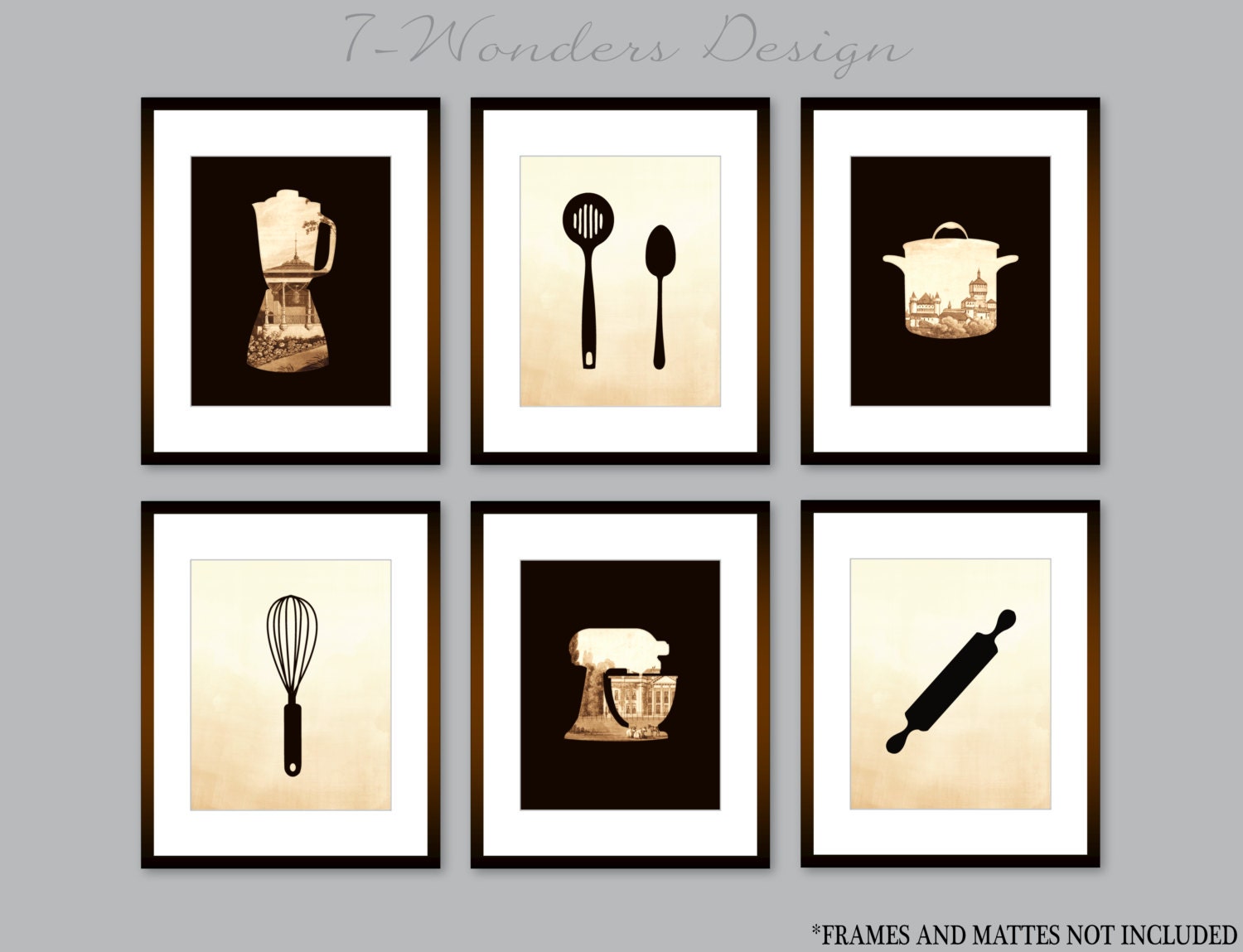 Kitchen Art Decor Vintage Art Print Set Utensils Appliance