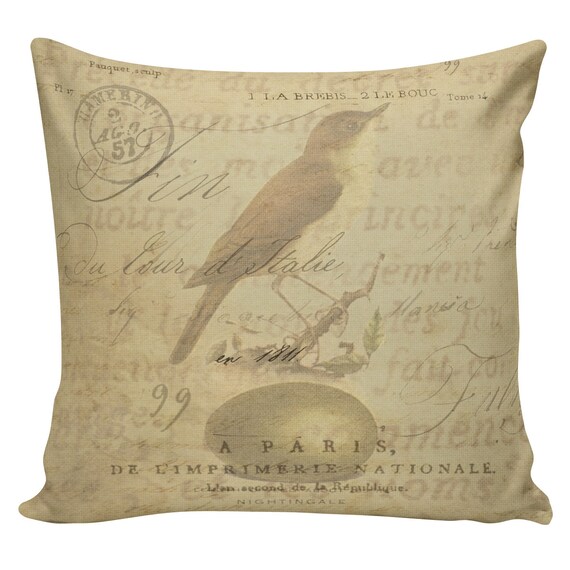 Items similar to Vintage French Pillow Bird Antique Document Burlap Cotton Throw Pillow Cover AN ...