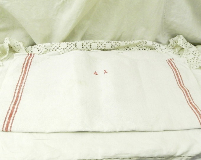 Large Antique French Linen Tea Towel with Woven Red Stripes and a 2 Small Red Cross Stitch Monogram A L / French Country Kitchen Decor