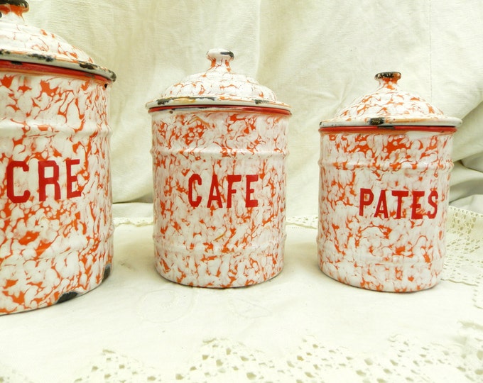 Antique 3 Piece French Red and White Marbled Enamel Canister Set, Enamelware Cannisters from France, Art Deco Kitchenware, Country Kitchen