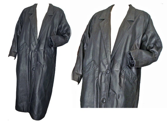 Plus Size XL Vintage 1980s Black Leather Coat Full Length Coat