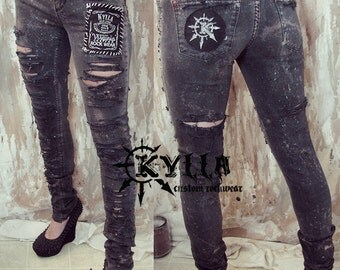 Distressed slashed crust punk Kylla logo hand embroidered ultra skinny ...