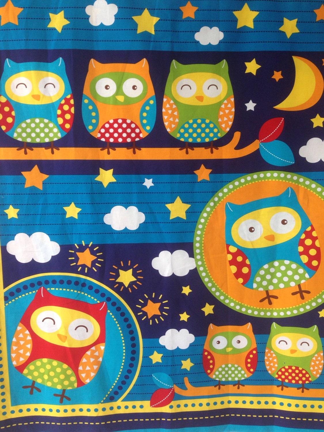 LAST ONE Blue Owl Fabric Cot Quilt Panel 36 x by QuiltingByFiona