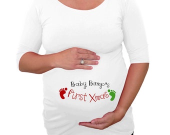 White Christmas Maternity Shirt " Baby Bump's First Xmas" , Maternity wear, photo prop, Pregnancy announcement.