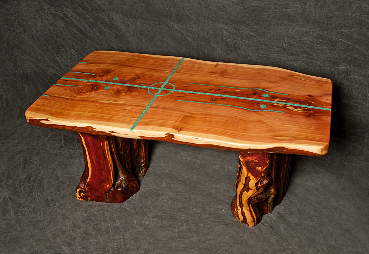 cedar slab table with natural living edges and four directions