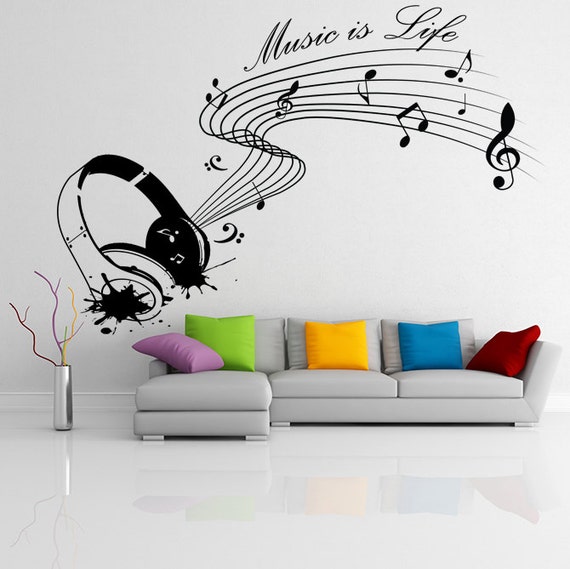 Vinyl Wall Decal Quote Music is life with Headphones