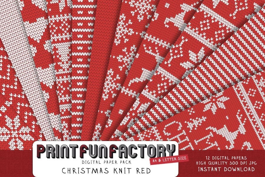 Christmas digital paper Scandinavian Christmas knit red scrapbook backgroun...