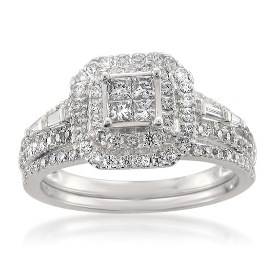 14k White Gold Princess-cut Round & Baguette Diamond Wedding