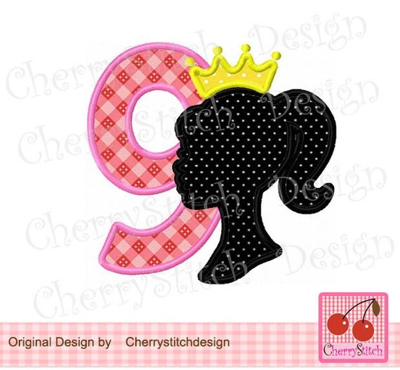 Barbie Birthday Number 9 Digital Applique by CherryStitchDesign