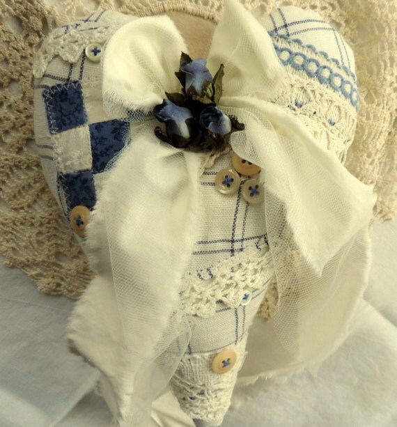 Shabby Chic Heart Pillow Vintage Inspired Faith Blue and