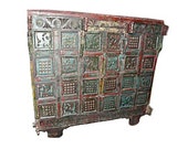 Indian Antique Vintage Rustic Red Green Tribal Patina Carved Wooden Furniture