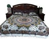 Handloom Cotton Bedcover Green White Ethnic Vintage Printed Bed Spread Indian Inspired Bedspreads 3pc