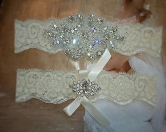 SALE -Shop Best Seller Wedding Garter Set- Crystal Rhinestone on a Ivory Lace-Style G2047