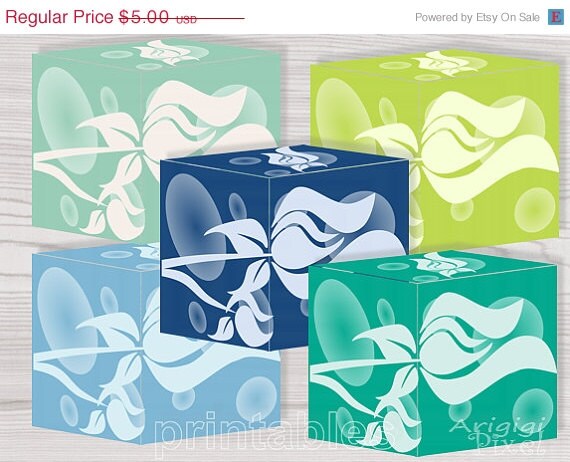 ON SALE 70 % OFF Printable gift box, blue green, spring colors, Diy gift packaging, instant download, rosebud flower box set of 5 Il_570xn