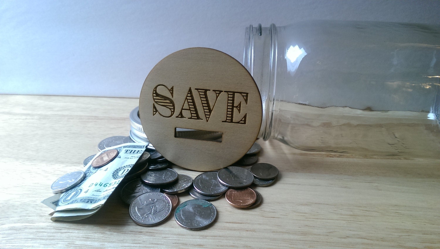 Wooden Mason Jar Bank Lid SAVE for Wide Mouth Mason Jar