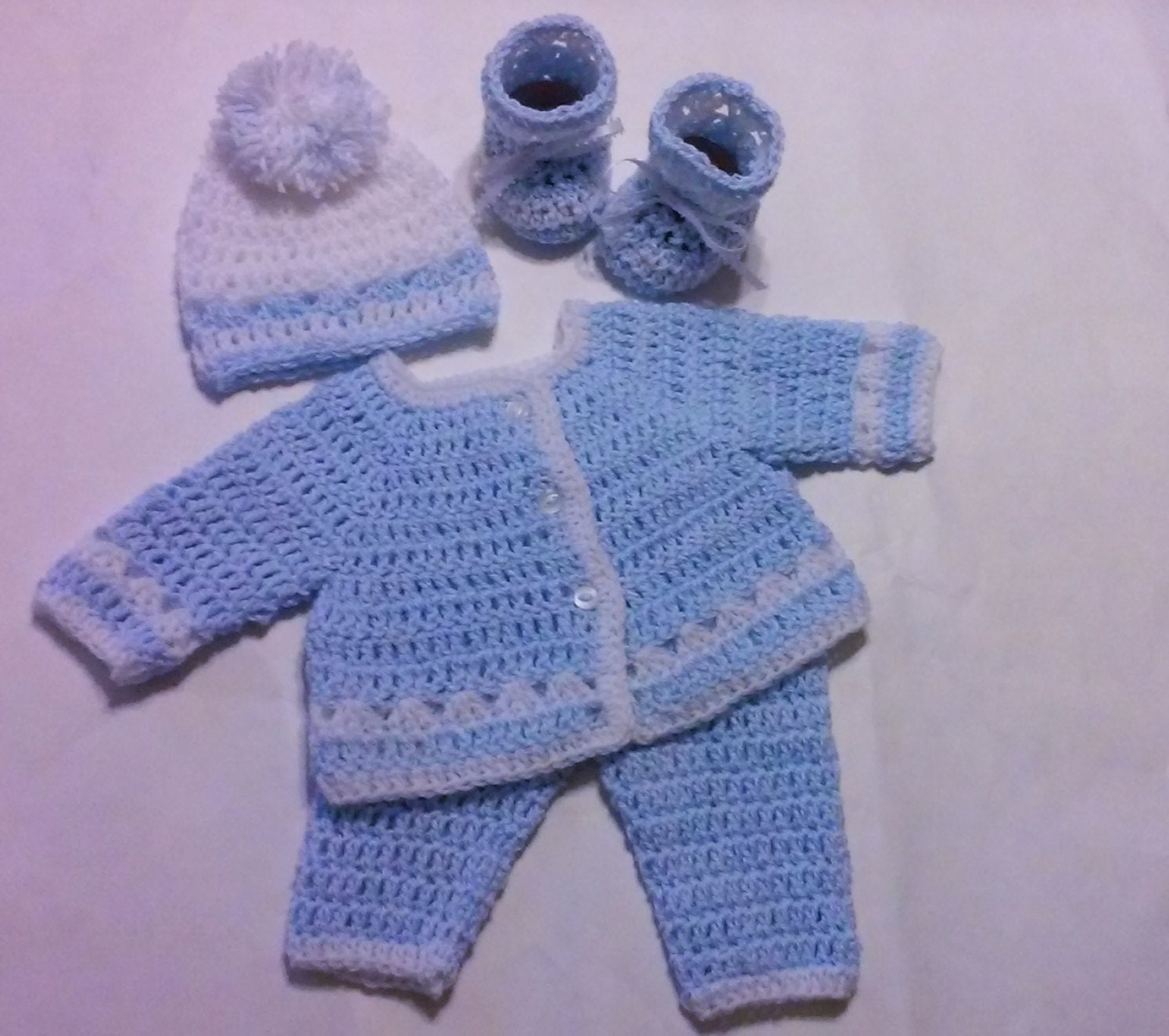 Crochet Newborn Sweater Set Baby Blue and White Preemie Baby