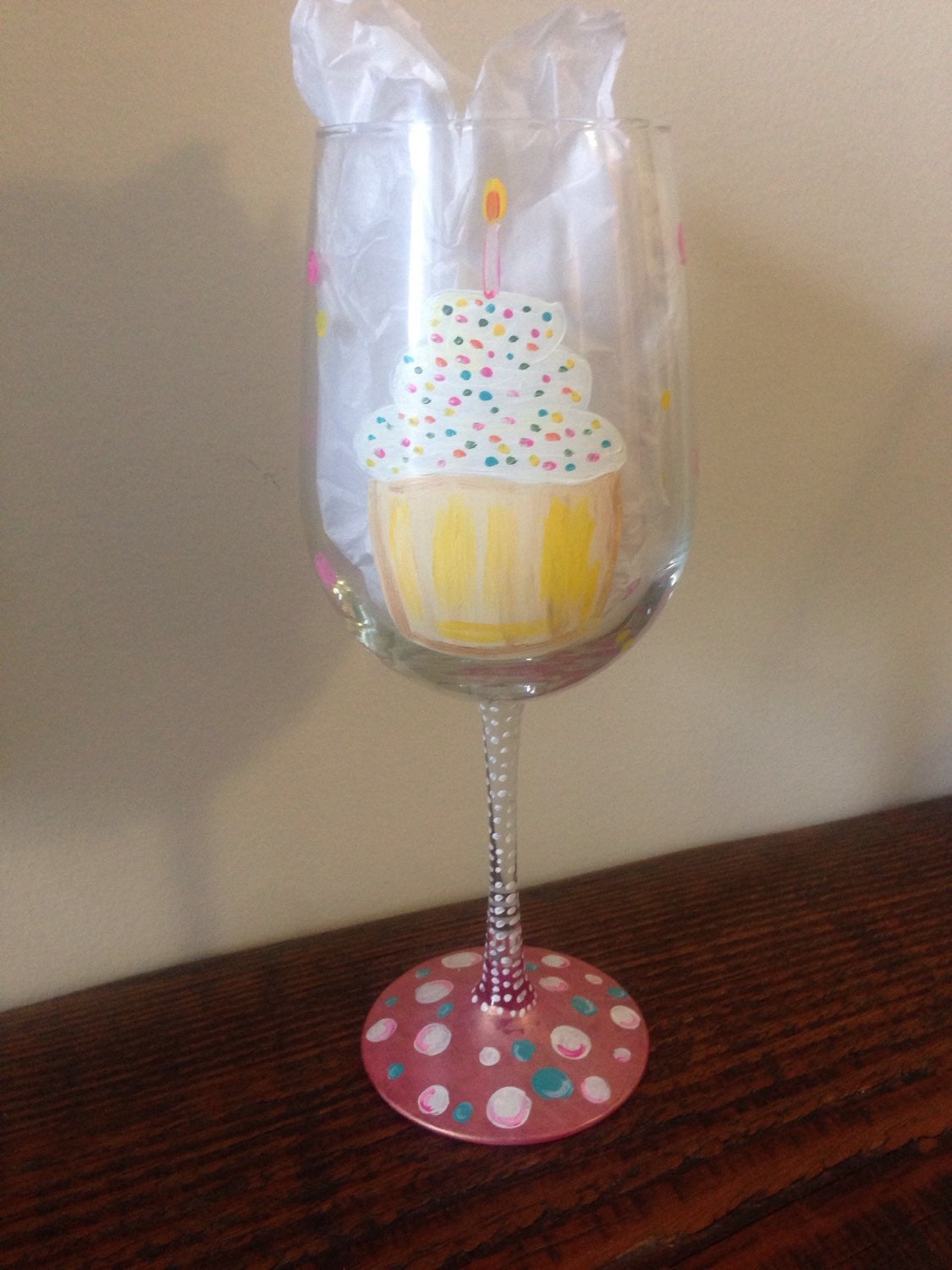 Cupcake wine glass by ThePaintedGlassNY on Etsy
