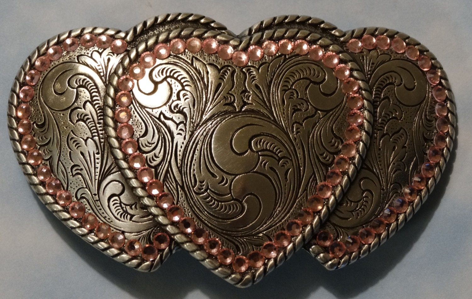 Silver Finish Three Heart Belt Buckle with Pink Rhinestones