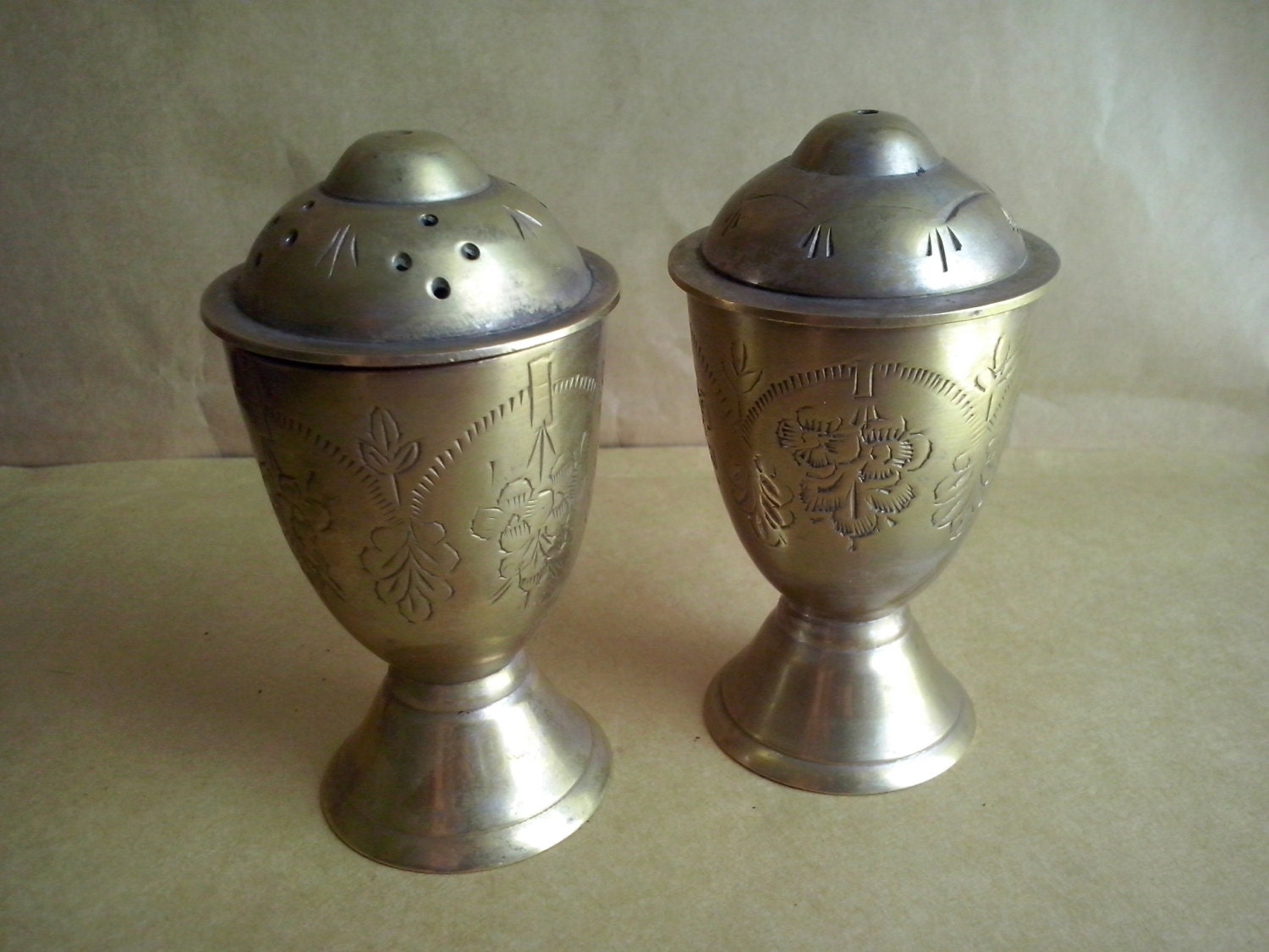 Vintage brass salt & pepper shakers, indian embossed shakers, oriental