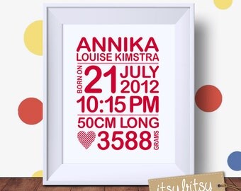 Birth announcement print, baby name art, birth announcement wall art, baby birth details, nursery subway art, baby birth stats art