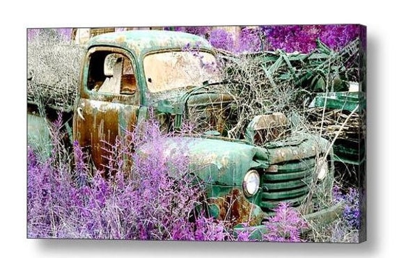 Truck Canvas Gallery Wrap, Vintage Car Photograph, Purple Green Pastel Picture, Mint Country Automobile Print Home Decor Large Pickup Rusted