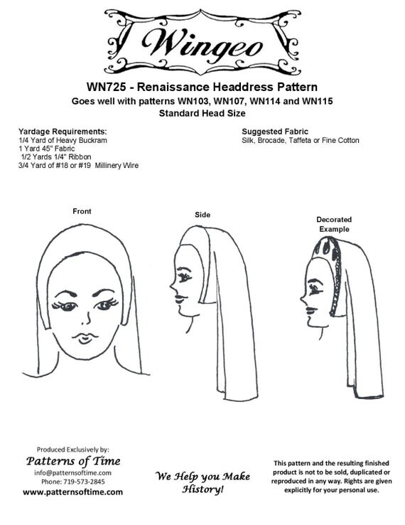 WN725 patron  de couture de coiffe  Renaissance par Wingeo