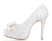 Cranberry Ivory White Lace Wedding Shoe with Front Bow, White Wedding Shoes, Bridal Shoes in White. Lace Wedding Heels