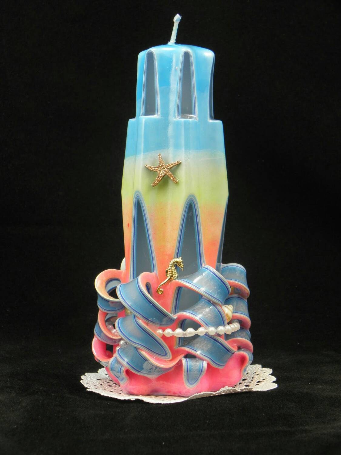 Hand Carved Candle Sunset Lighthouse with Sea Shells 7.5 Inch