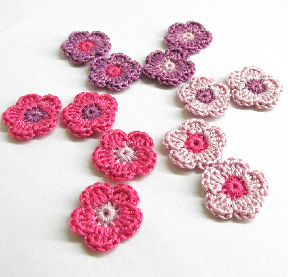 Handmade crocheted tiny flower appliques set of twelve pink